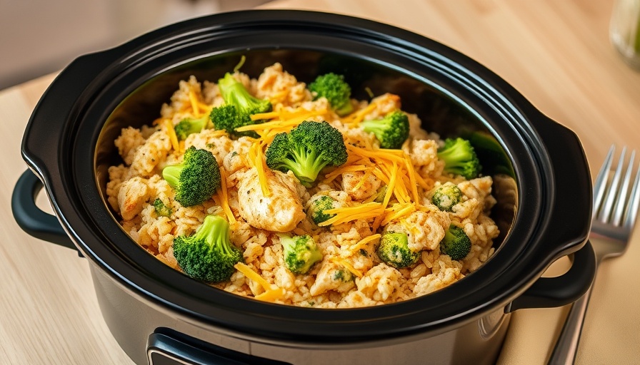 Crockpot Chicken & Broccoli Rice Casserole with melted cheese and broccoli.