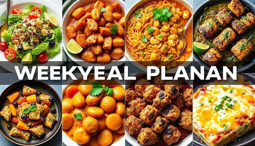 Colorful Weekly Meal Plan collage with diverse dishes for inspiration.