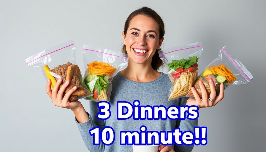 Woman shows meal prep in 10 minutes with vibrant background.
