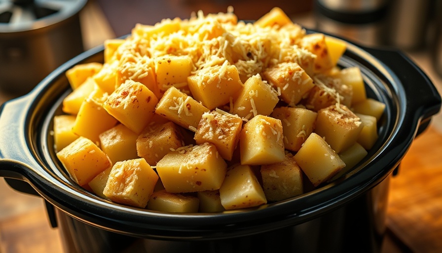 Crock pot potatoes topped with grated parmesan cheese in a warm setting.