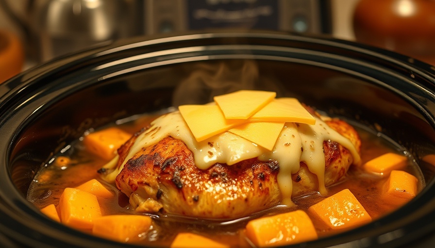 Crock Pot French Onion Chicken with Swiss cheese in a slow cooker.