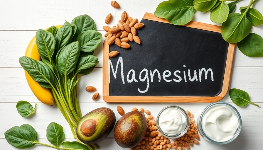 Magnesium-rich foods and chalkboard for magnesium deficiency awareness.