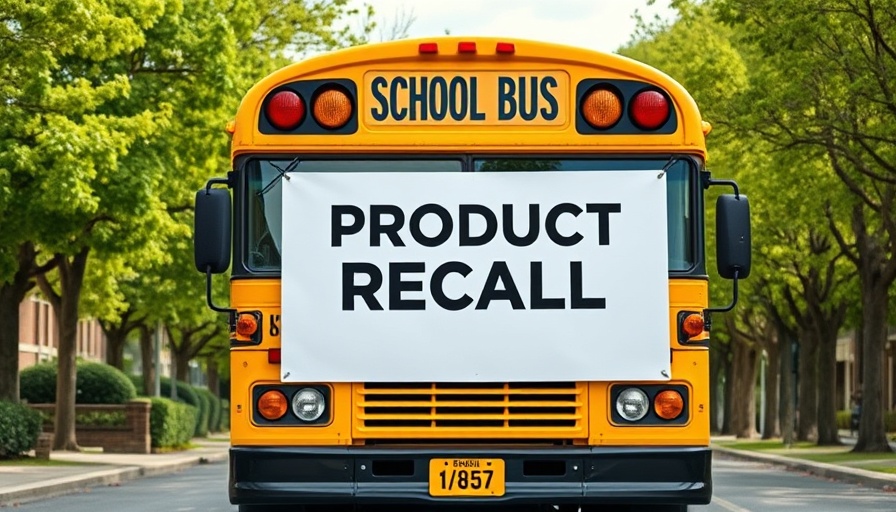 Yellow school bus with recall sign indicating fire risk.