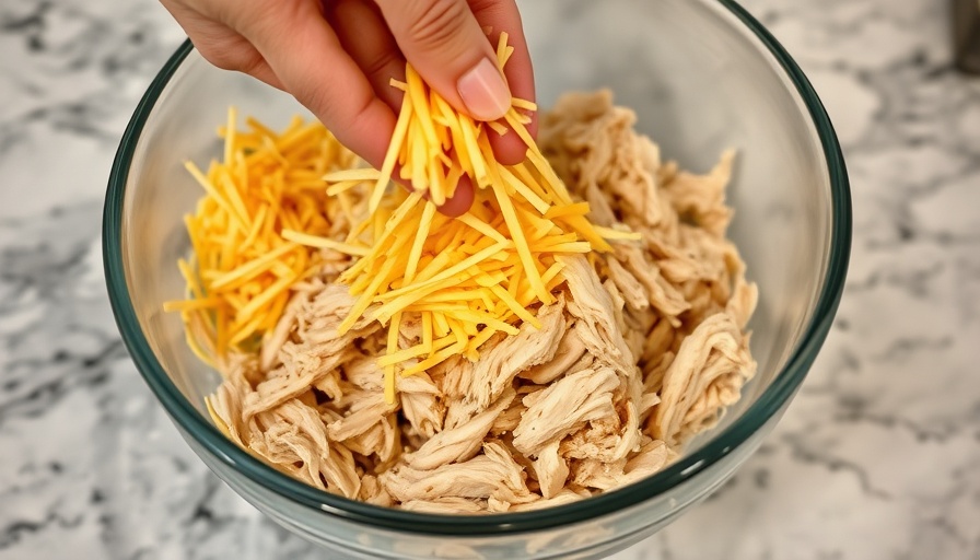 Hand adding shredded cheddar cheese to chicken in a bowl for a casserole.