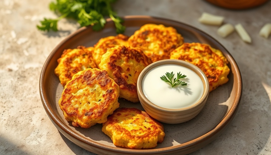 Zucchini fritter recipe with dip on rustic plate, crispy and delicious.