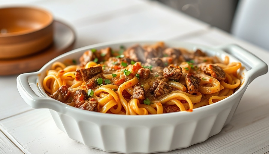 Freshly baked beef noodles casserole in a white dish, golden brown and sprinkled with herbs.