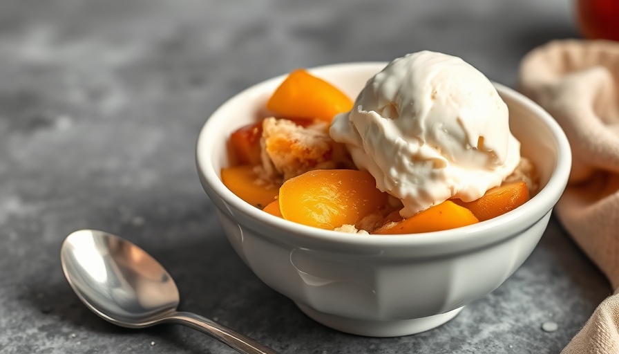 Delicious homemade peach cobbler recipe with ice cream and spoon.