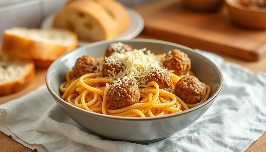 Appetizing slow cooker pasta with meatballs in a white bowl.