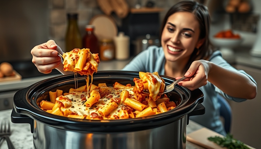Delicious Crockpot Baked Ziti Recipe in a crockpot with a woman serving.