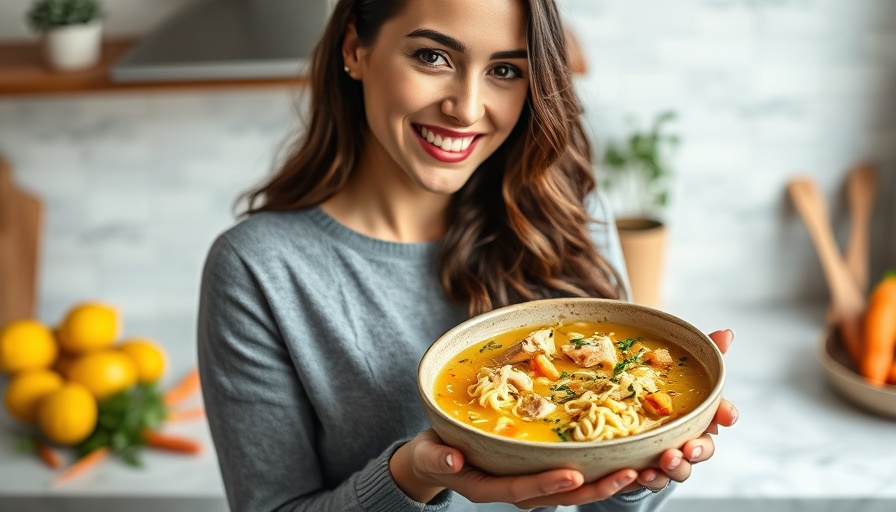 Woman with lemon chicken orzo soup in vibrant kitchen setting.