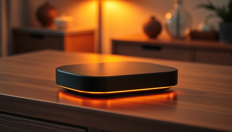Compact home automation device on a wooden table.