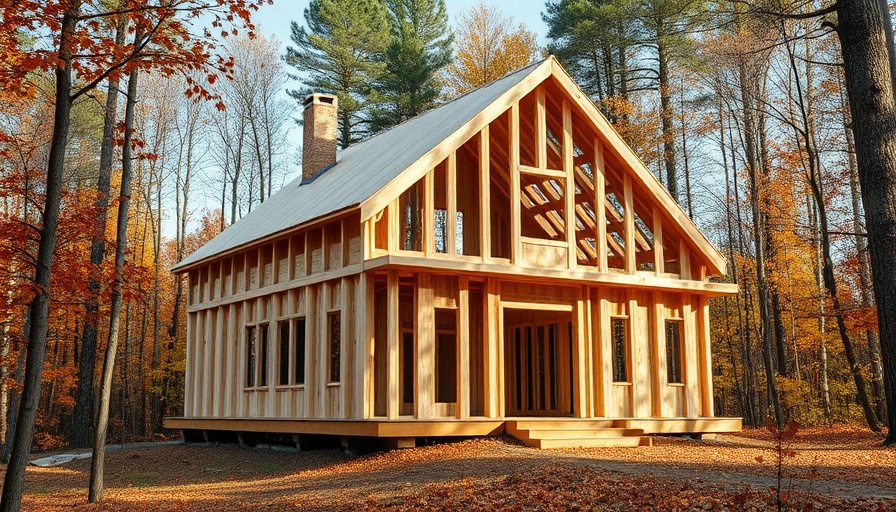 Wooden frame construction in progress amid autumn trees.