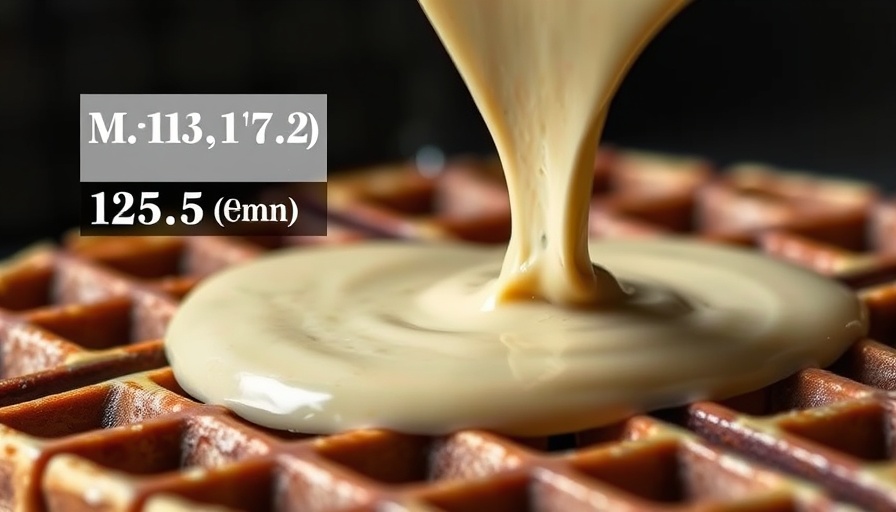 Pouring gluten-free waffle batter onto waffle iron with text.