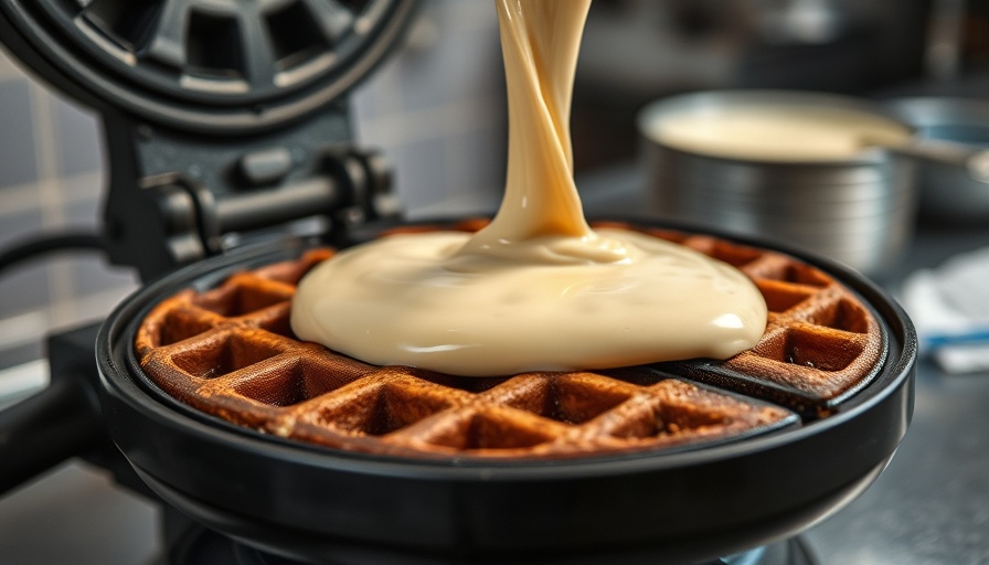 Close-up of gluten-free waffle batter on a waffle iron.
