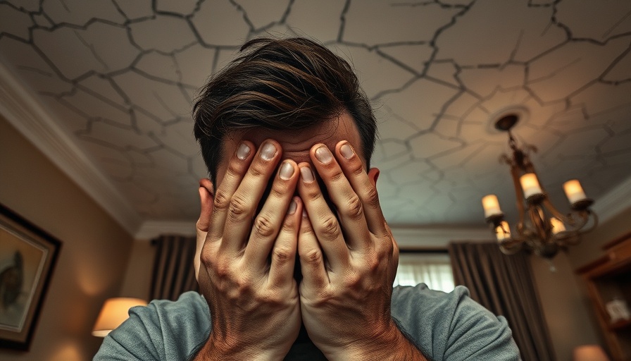 Distressed man observing ceiling cracks in a living room.