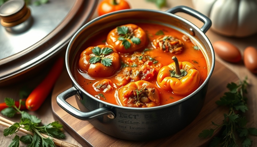 Delicious stuffed pepper soup in a saucepan, kitchen setting.