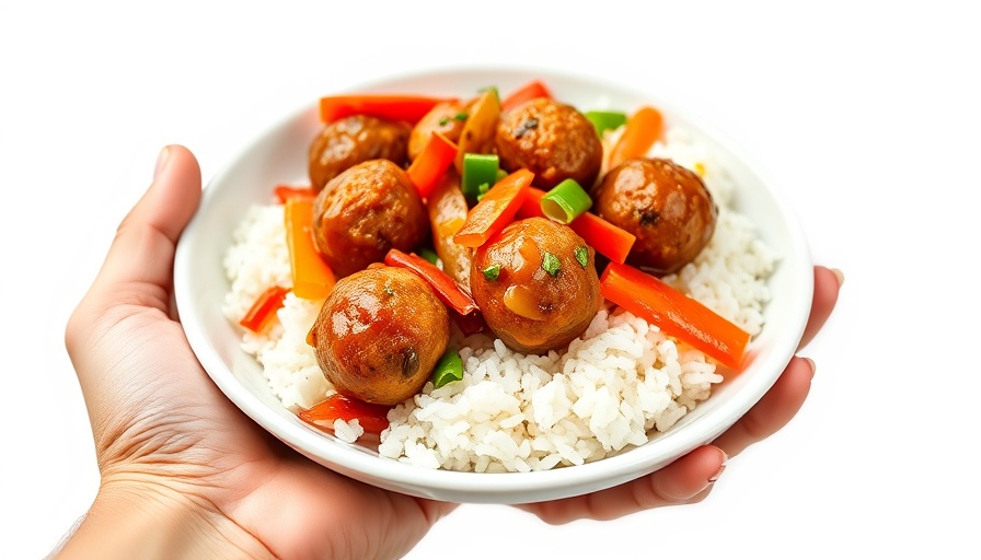 Colorful plate of sweet and sour meatballs with rice, recipe inspiration.