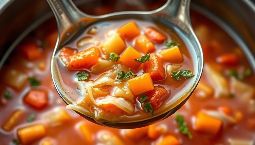 Budget-Friendly Cabbage Soup in a ladle with vibrant vegetables.