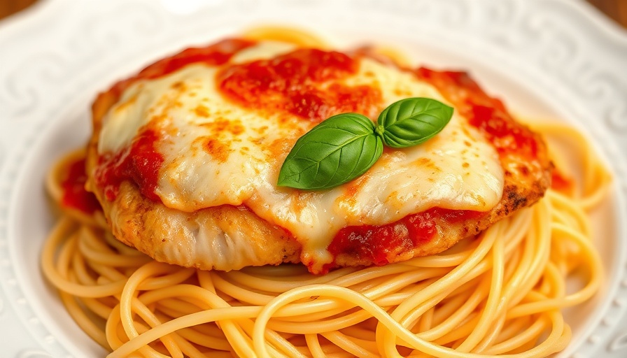 Golden-brown chicken parmesan from scratch on spaghetti with basil