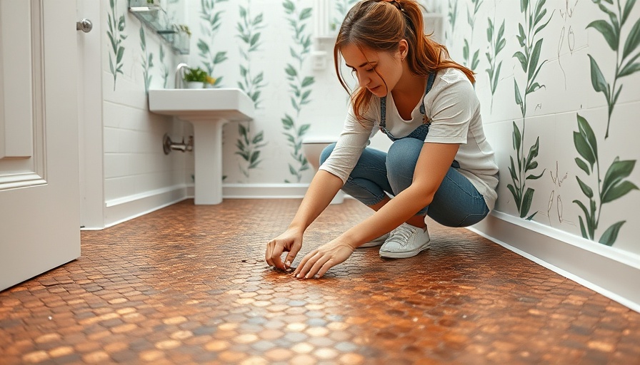 Woman creating penny floor DIY in a modern bathroom.