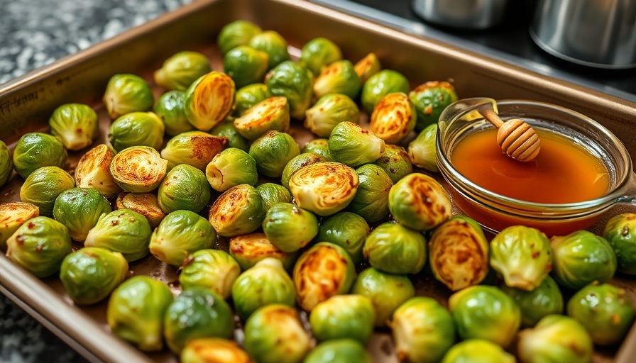 Honey Sriracha Brussels Sprouts on a baking tray with sauces nearby.