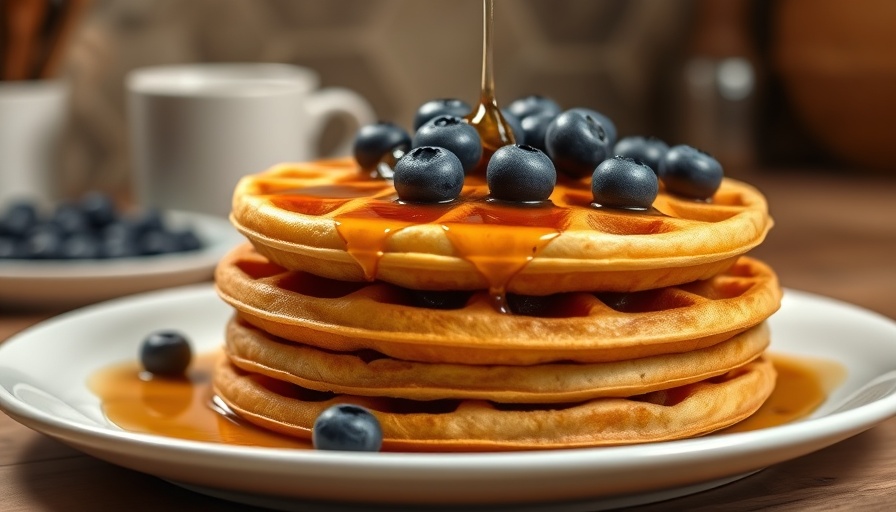 Golden gluten-free waffles topped with syrup and blueberries on a white plate.