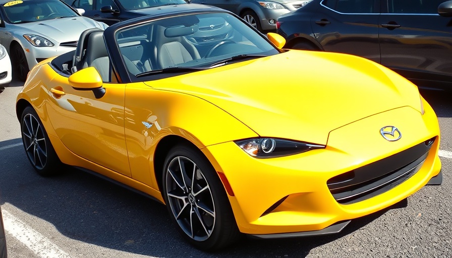 Mazda Miata designed by Tom Matano in vibrant yellow at dealership.