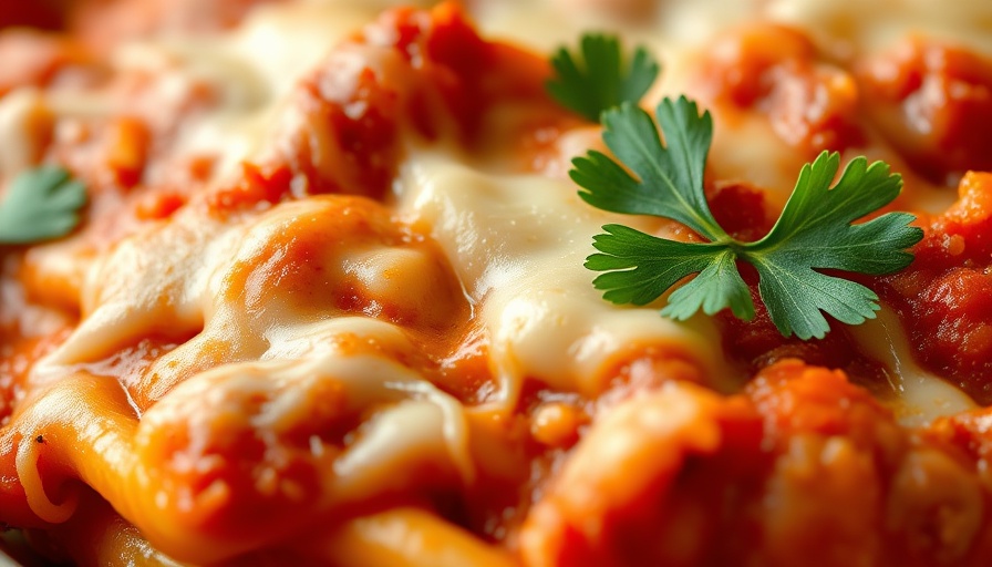 Delicious baked ziti recipe topped with melted cheese and parsley.