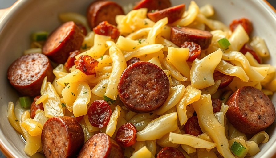 Cabbage and Sausage Recipe in a bowl with colorful ingredients.
