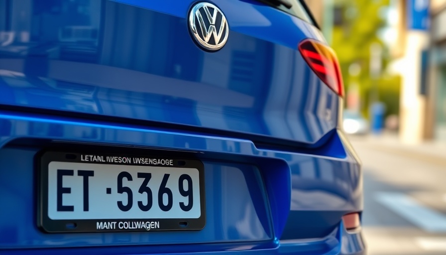 Personalized license plates on a blue electric car in daylight.