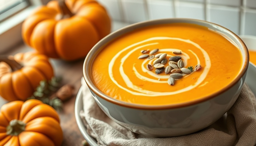 Creamy pumpkin soup in a pot with seeds and herbs.