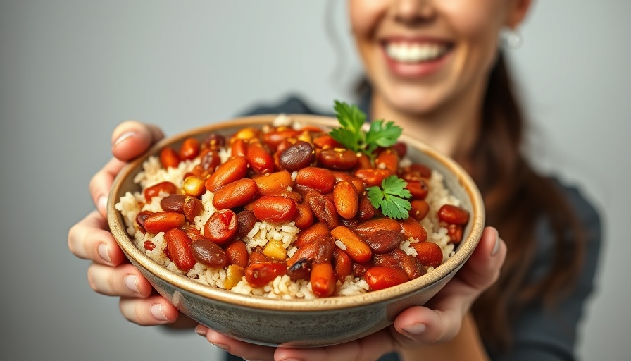 Red Beans and Rice Recipe with smiling woman and dish.