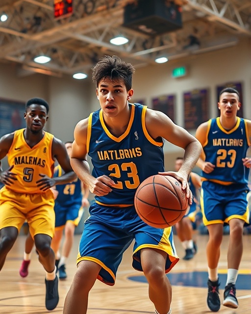 dynamic basketball event, determined expressions, players dribbling and jumping, photorealistic, gymnasium lights and hardwood floor, highly detailed, sweat droplets visible, 35mm lens, blue and yellow jerseys, high contrast lighting, shot with a 24-70mm camera lens