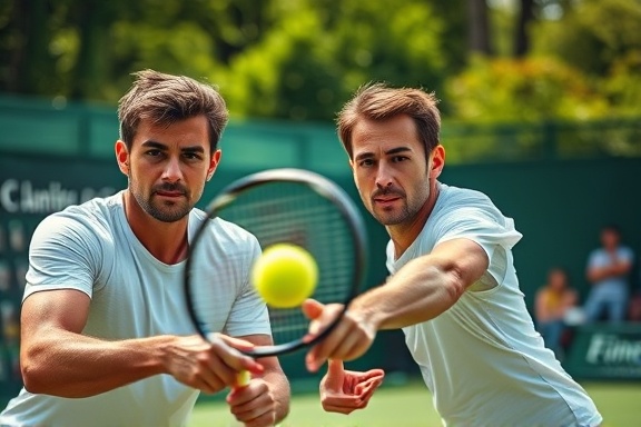 tense tennis event, focused expressions, players making a serve, photorealistic, outdoor court surrounded by greenery, highly detailed, motion blur from swinging racket, telephoto shot, white and red sportswear, natural sunlight filtering, shot with a 100-400mm camera lens