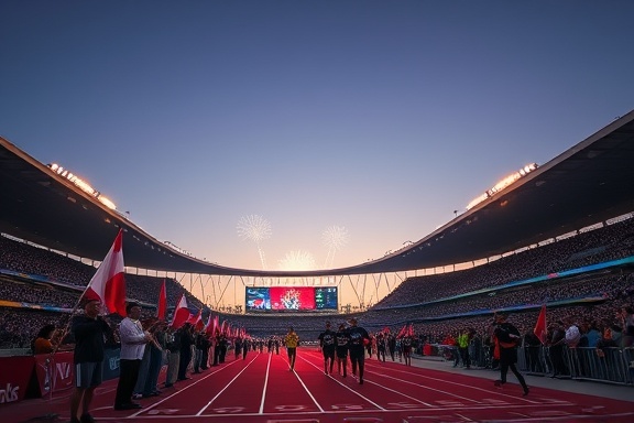 thrilling olympic event, crowd holding flags, athletes running in track, photorealistic, open-air stadium under a clear sky, highly detailed, distant fireworks in the sky, vibrant hues, dramatic lighting with long shadows, shot with a 70-200mm camera lens