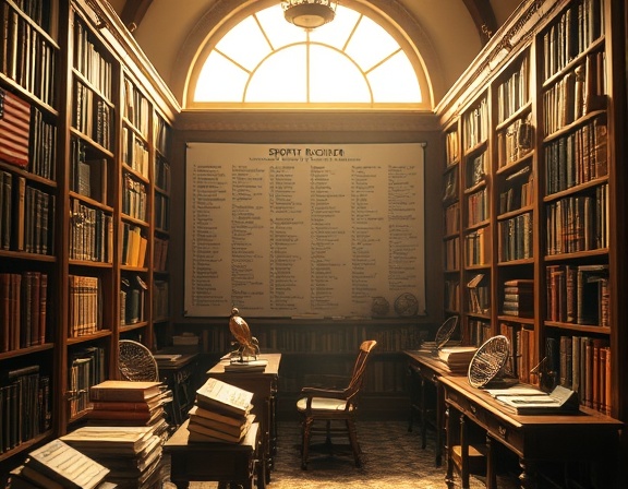 exhaustive sports register, proud and authoritative, listing historical achievements, photorealistic, in a traditional library setting with vintage sports memorabilia, highly detailed, dust particles swirling in sunlight, warm tones, golden afternoon light, shot with an 85mm portrait lens.