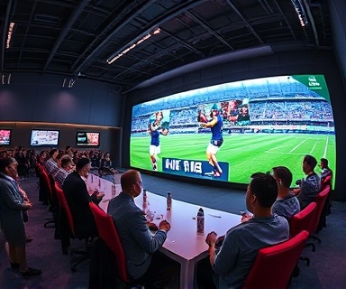 interactive sports platform, engaging connectivity, highlighting global sports community, photorealistic, alongside virtual meeting rooms and live streaming screens, highly detailed, animated avatars mingling, ultra-smooth resolution, vibrant palette, LED screen lighting, shot with a fisheye lens.