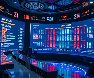 innovative sports register, cutting-edge technology, featuring dynamic league standings, photorealistic, within a futuristic control center with holographic displays, highly detailed, animated charts pulsing with data, neon hues, cool LED lighting, shot with a telephoto lens.