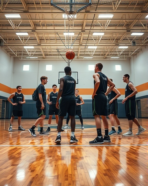 focused basketball team, camaraderie, strategizing on the court, photorealistic, gymnasium with polished wooden floor, highly detailed, bouncing basketball creating dynamic shadows, high dynamic range, cool tones, overhead fluorescent lighting, shot with a 24mm lens