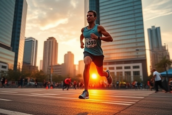 dedicated marathon runner, perseverance, sprinting towards the finish line, photorealistic, urban marathon setting with skyscrapers, highly detailed, motion trails indicating speed, f/4.0, vivid colors, dramatic sunrise light, shot with a 85mm lens