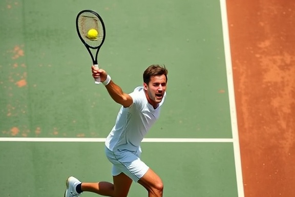 energetic tennis player, intensity, serving the ball, photorealistic, tennis court with green and red clay, highly detailed, dust particles visible from movement, f/2.8, crisp whites and greens, natural daylight, shot with a 70-200mm lens