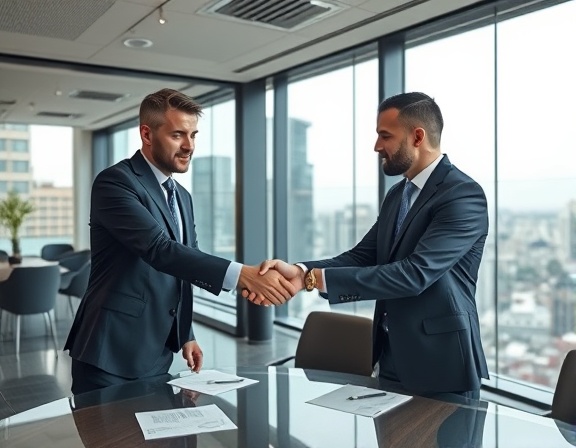 successful sponsorship deal, celebratory, business people shaking hands, photorealistic, modern office setting with cityscape view, highly detailed, documents and pens on the table, sharp clarity, neutral tones, soft overhead lighting, shot with a 50mm lens.