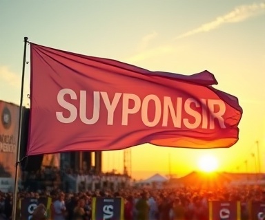 eye-catching sponsorship banner, inviting, swaying gently in the breeze, photorealistic, outdoor music festival with bustling crowd, highly detailed, fluttering fabric against sunset sky, contrasting colors, warm golden hour light, shot with a 35mm prime lens.