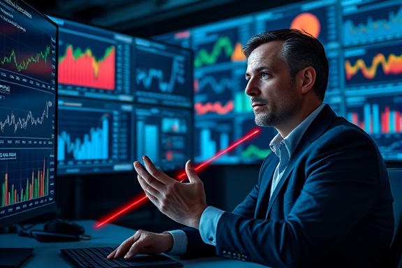 engaged relations analyst, thoughtful expression, interpreting financial data, photorealistic, surrounded by charts and graphs on screens in a high-tech conference room, highly detailed, hands moving as they highlight figures with a laser pointer, vivid colors, cool artificial lighting, shot with an 85mm lens.