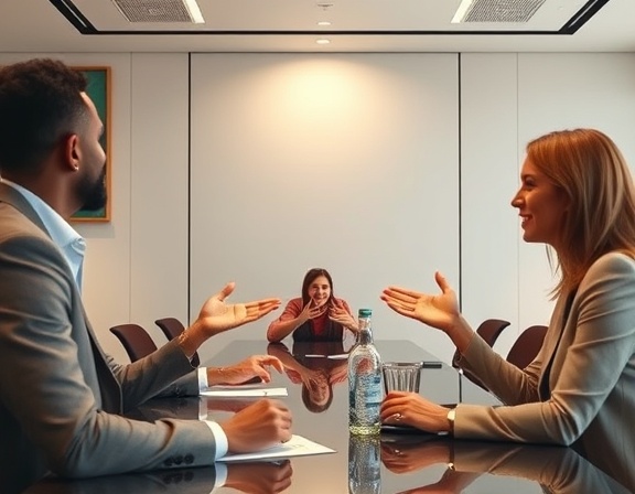 confident relations meeting, welcoming expression, presenting quarterly results, photorealistic, in a boardroom with sleek minimalist design, highly detailed, gestures indicating positive trends, warm earth tones, soft overhead lighting, shot with a 35mm lens.