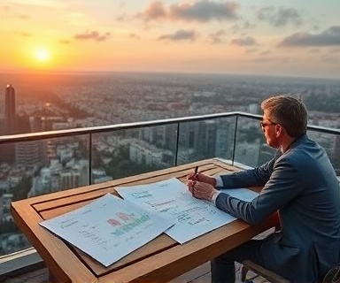 strategic investor relations strategy, visionary expression, sketching future plans, photorealistic, outdoors on a terrace with a panoramic city view, highly detailed, wind gently moving papers on the table, sunset hues, golden hour lighting, shot with a 24mm lens.