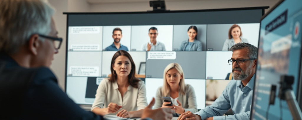 collaborative relations strategy discussion, engaged expression, proposing innovations, photorealistic, in a virtual meeting setting with diverse participants in separate screens, highly detailed, live chat messages appearing, pastel colors, balanced computer screen glow, shot with a 70mm lens.