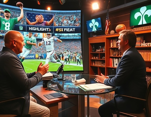 energetic sports news highlights, excited, analyzing plays, photorealistic, lively studio with sports memorabilia, highly detailed, commentators gesturing, crisp resolution, warm tones, spotlight brightness, shot with a 35mm lens.