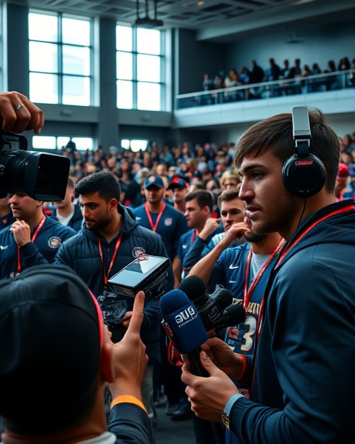 comprehensive sports news coverage, focused, interviewing athletes, photorealistic, packed press conference room, highly detailed, camera flashes, ultra-clear quality, deep blues and metallics, natural light through windows, shot with an 85mm lens.
