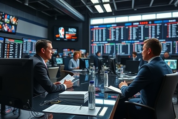 detailed sports news report, serious, discussing scores, photorealistic, organized newsroom with computers, highly detailed, anchors taking notes, high definition, neutral color palette, balanced fluorescent lighting, shot with a 24mm lens.